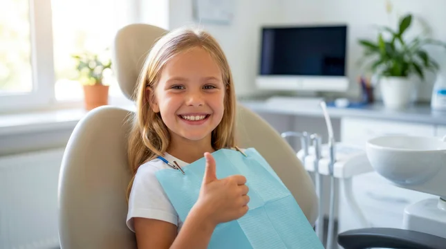 Smiling child giving a thumbs up in the dental chair