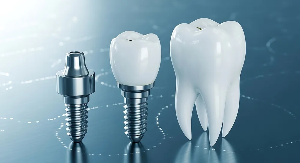 Dental implant components: abutment, screw and crown beside a natural tooth